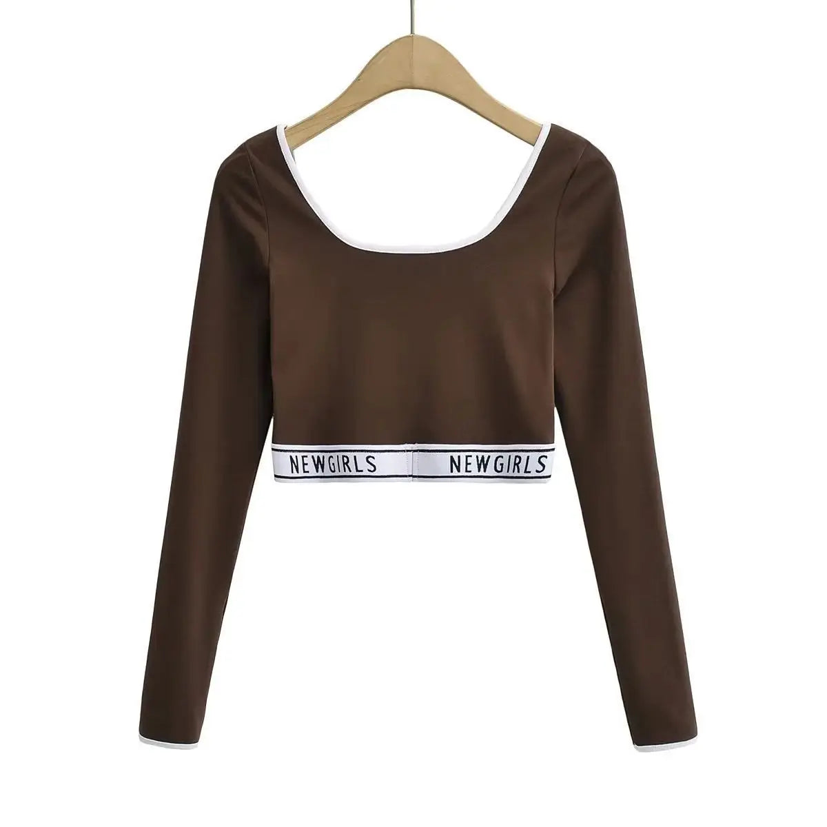 New Style Women's Tight Long-sleeved T-shirt Colour blocking Ultra-short Bottom High Waist Neckline Innerwear Athletic Tops