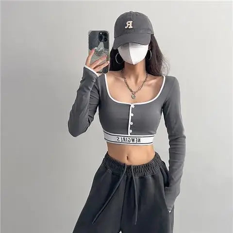 New Style Women's Tight Long-sleeved T-shirt Colour blocking Ultra-short Bottom High Waist Neckline Innerwear Athletic Tops