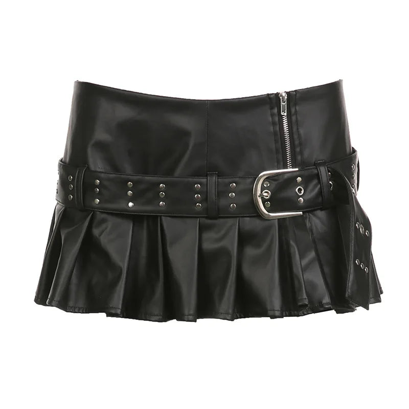 Women's Black Gothic A-line Pleated Leather Skirt Y2k Mini Shorts Skirt 2000s Vintage Clothes Summer Streetwear Punk E-Girl 2026