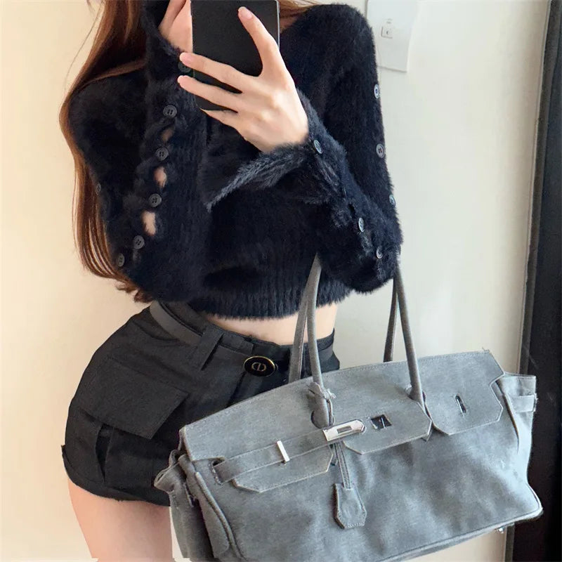 Sexy ort Knitted Sweater Women's Spring Autumn Soft Cozy Design Hole Knitwear Pure Desire Versatile Base Layer ort Top