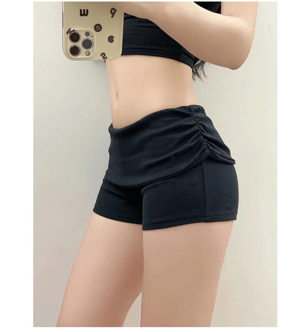 Summer Slim Yoga Shorts Women Casual Solid Color Fold Over Low Waist Lounge Shorts