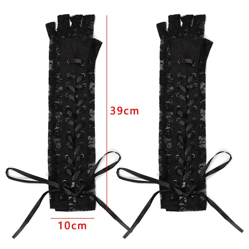 1 Pair Night Club Party Cosplay Ritual Dance Long Lace Gloves Silk Ribbon Punk Gothic Mittens Halloween Gloves