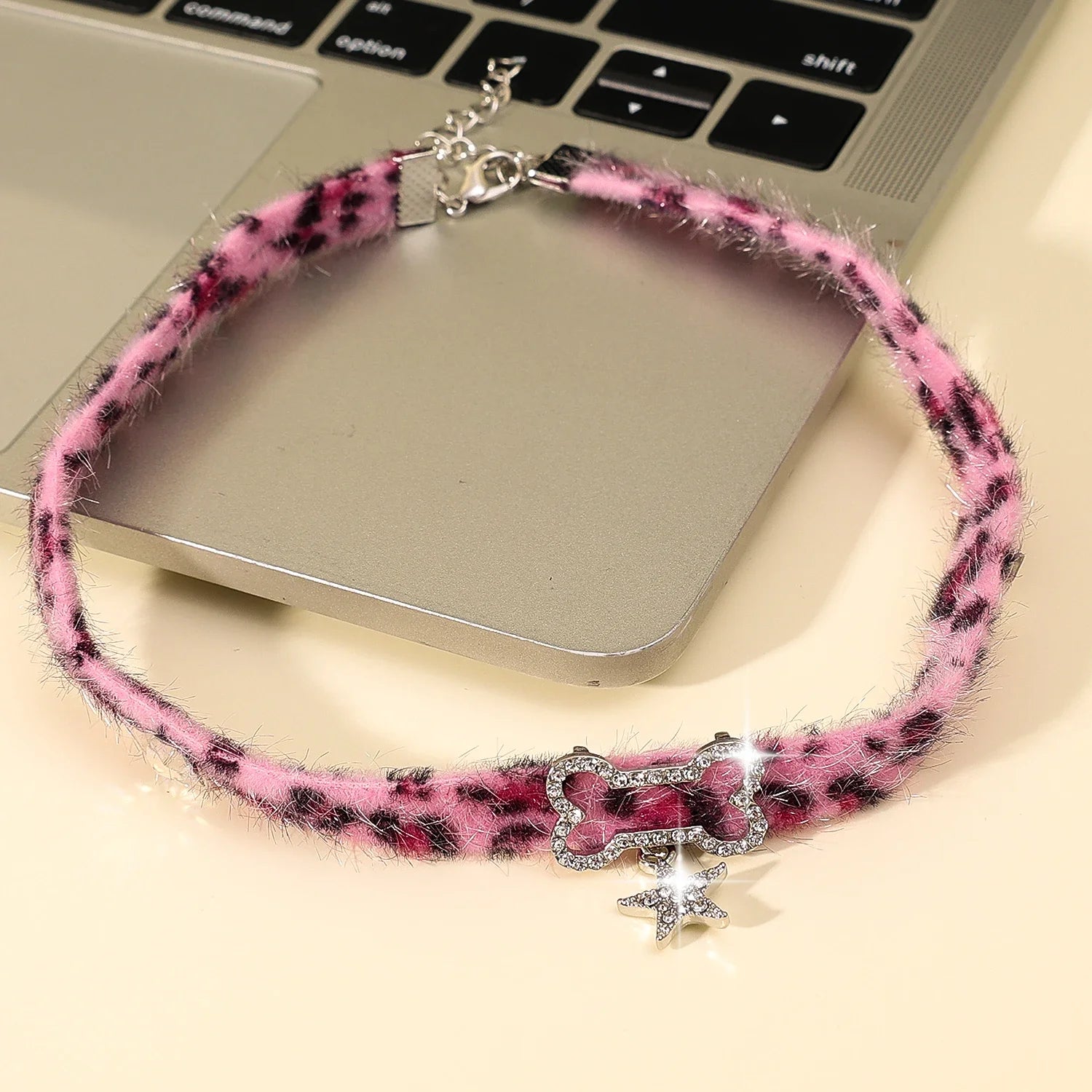 Y2K Plush Leopard Bone Choker Necklace Purple Velvet Goth