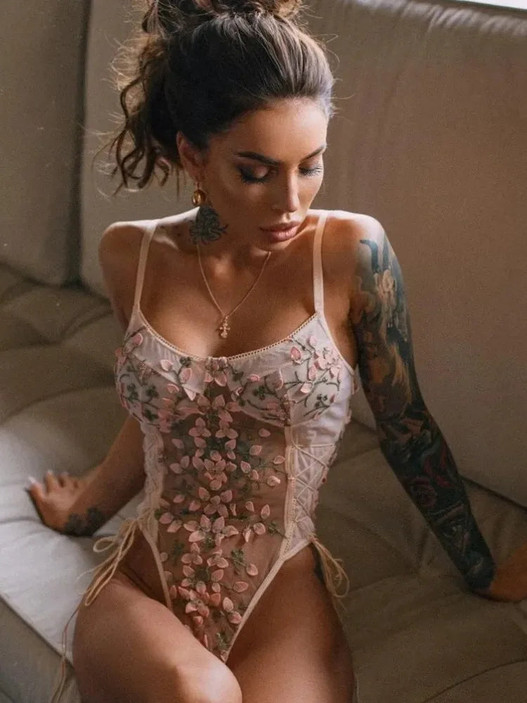 Exotic Floral Lace Bodysuit | Sexy Deep V Backless Lingerie