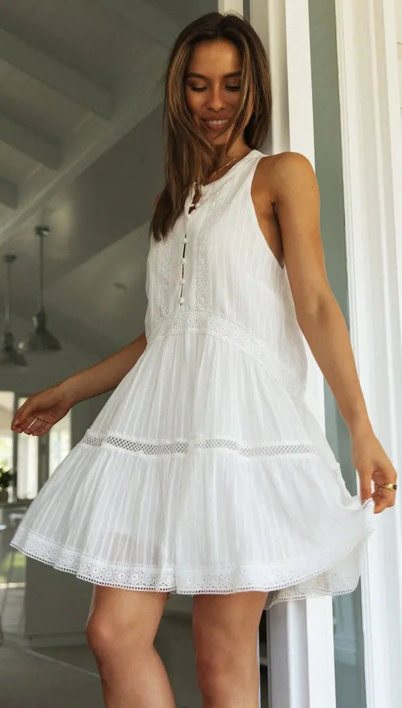 White Lace Trim Babydoll Mini Dress - Tiered Ruffle Sundress