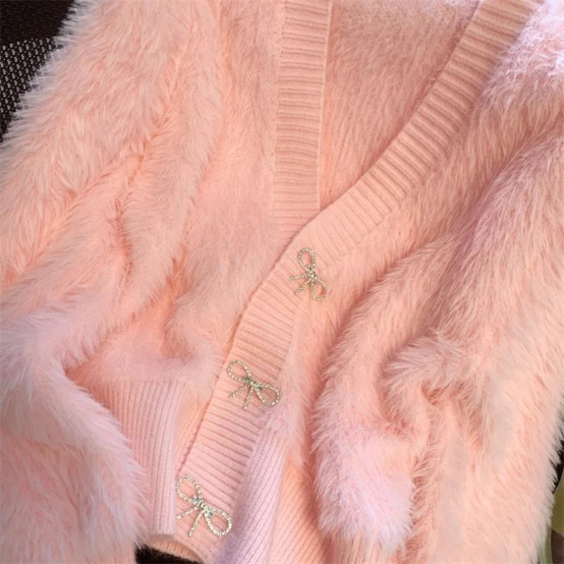 2026 Spring Autumn Women's Sweater Cardigan Jacket New Loose V-neck Imitation Mink Fur Sweater Jacket Female Knitted Tops Coat