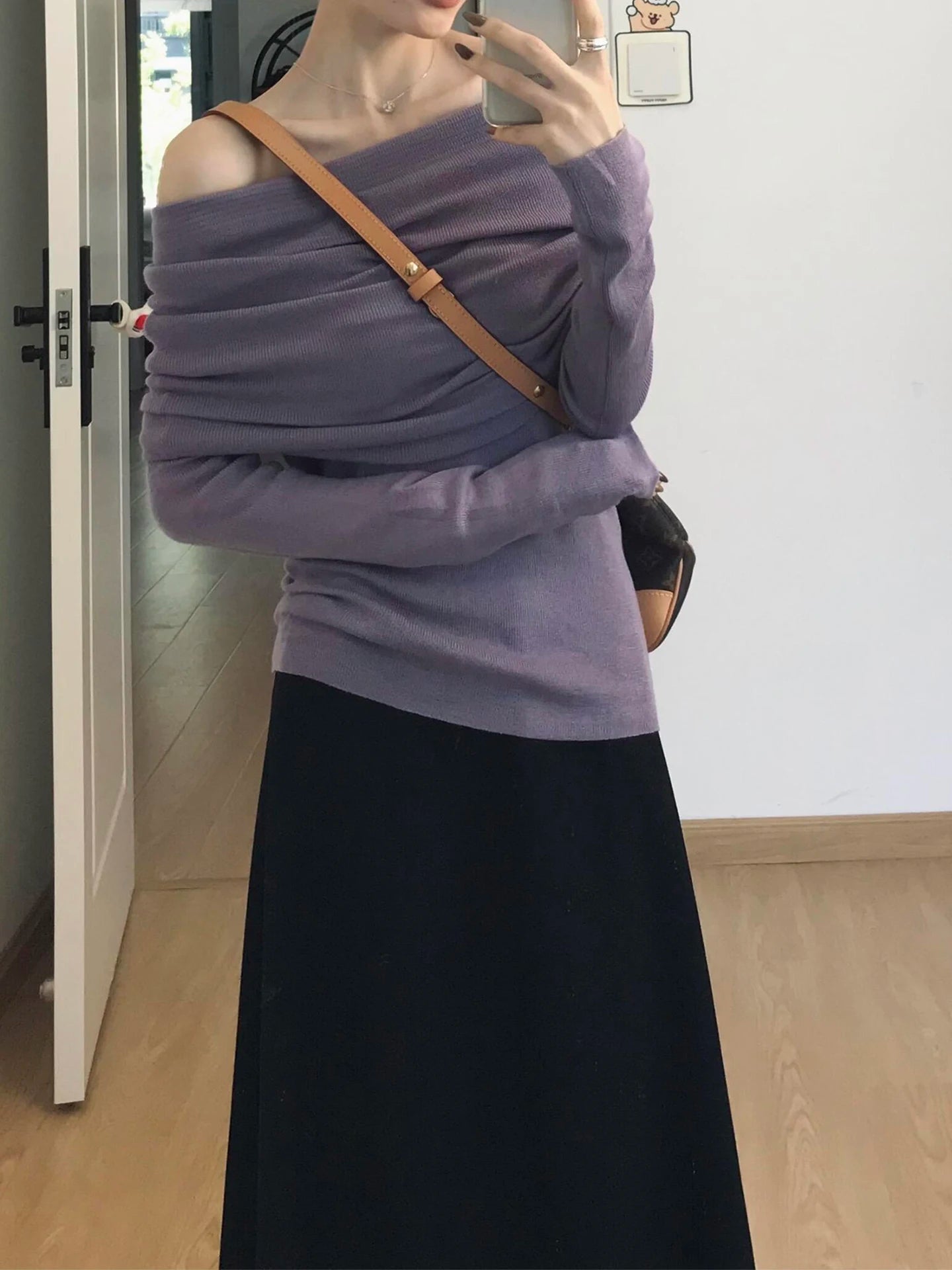 Black Shoulder-Bared Long Sleeve Knitted Sweater Women's Autumn New Style Slim Fit Inner Wear Base Top Korean Style Commute F...