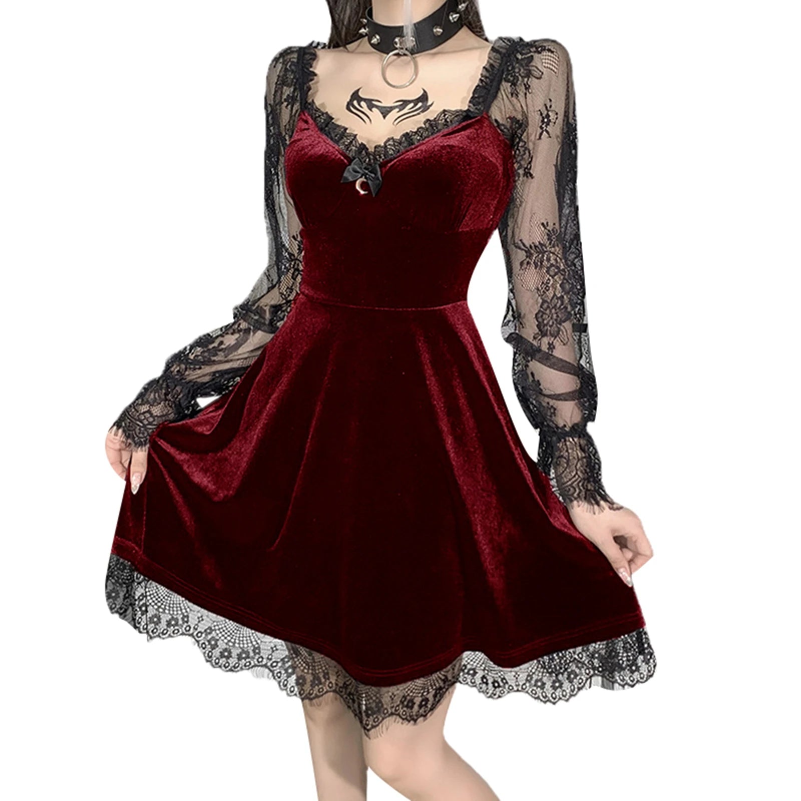 Dark Gothic Lace Mini Dress - Flare Sleeve V-Neck