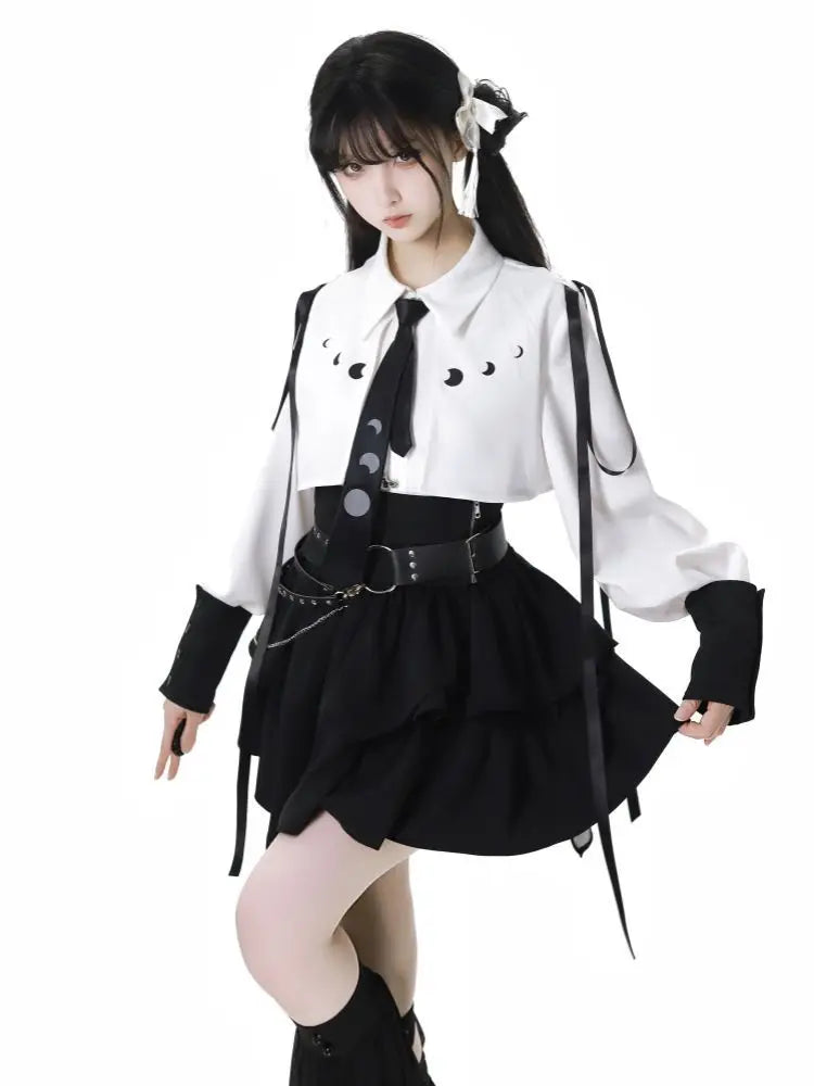 Y2k 3-Piece Skirt Set: Long Sleeve Top, A-Line Skirt & Cummerbund