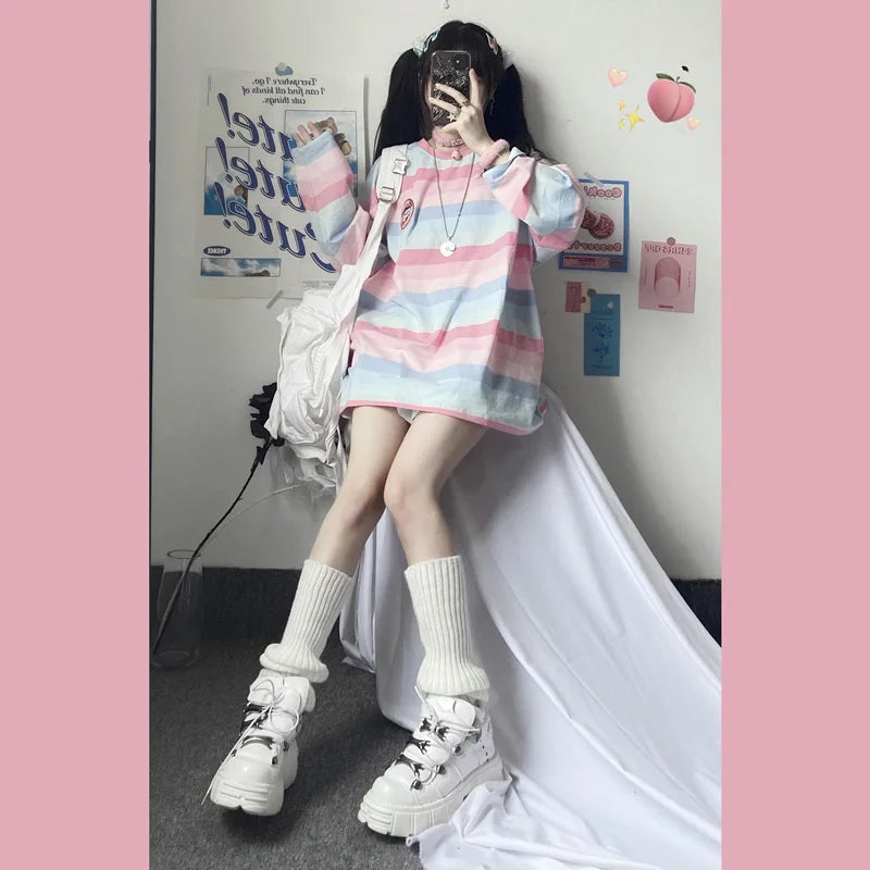 Loose Long Sleeve Striped T-Shirt Women's Base Shirt Student Style Korean Version Autumn New Arrival Female Top round Neck