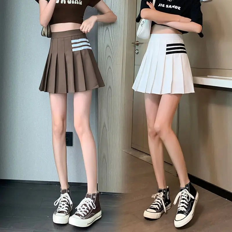 Preppy Style Women Kawaii Striped Pleated Skirts Korean Fashion Summer High Waisted With Lining Sweet Cutecore Mini A-line Skirt