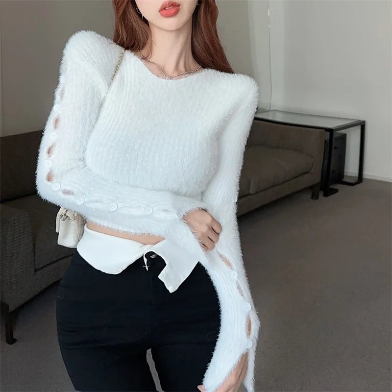 Sexy ort Knitted Sweater Women's Spring Autumn Soft Cozy Design Hole Knitwear Pure Desire Versatile Base Layer ort Top