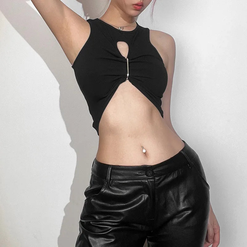 2026 Summer Sexy Y2k Aesthetic Solid Tank Top Harajuku Hollow Out Pleated Cropped Camisole Vintage Irregular Bodycon Tanks Women