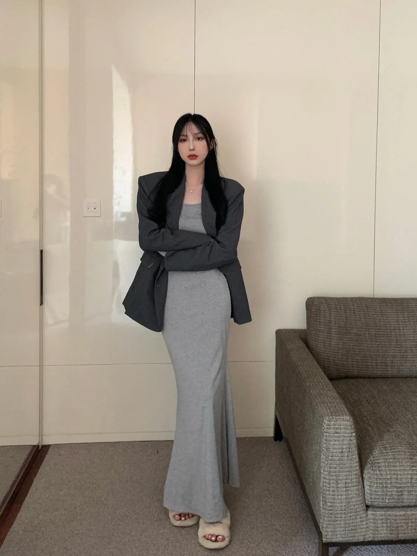Elegant High-Waisted Fishtail Long Dress - Slimming Autumn Chic