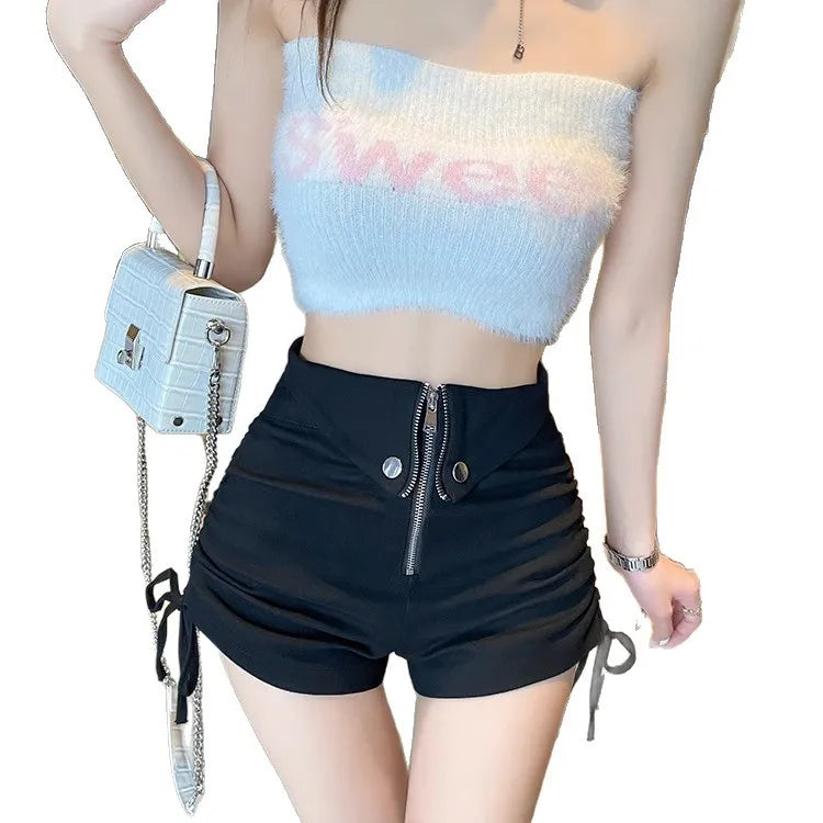 Sexy Spicy Girl Style Drawstring Casual Shorts High Waist Illusion Slimming Leg Lengthening Outdoor Wear Polyester Fabric