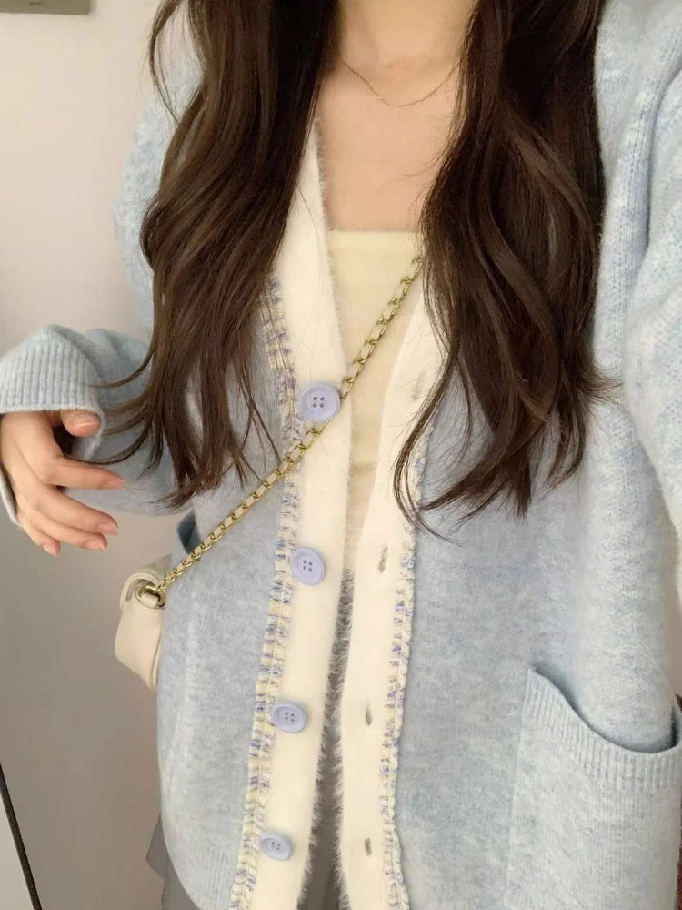 2025 Streetwear Patchwork Grunge Cardigan Women Single Breasted Loose Sweaters Knitted Y2k Aesthetic Contrast Color Pocket Coats