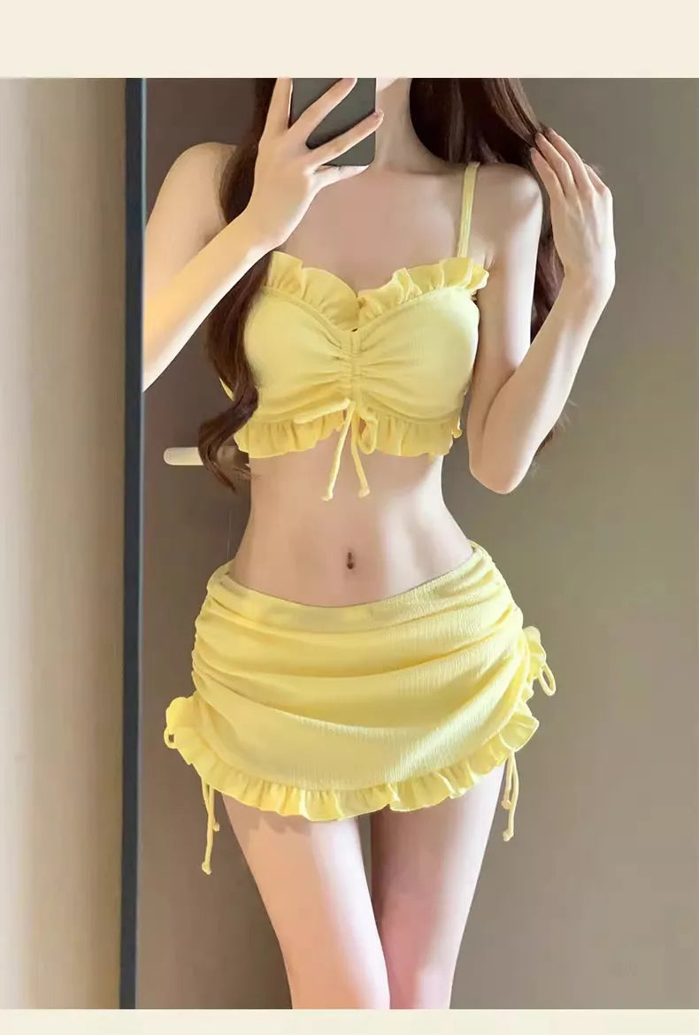 Chic Ribbed Halter 3-Piece Bikini Set with Skirt | Padded Swimsuit