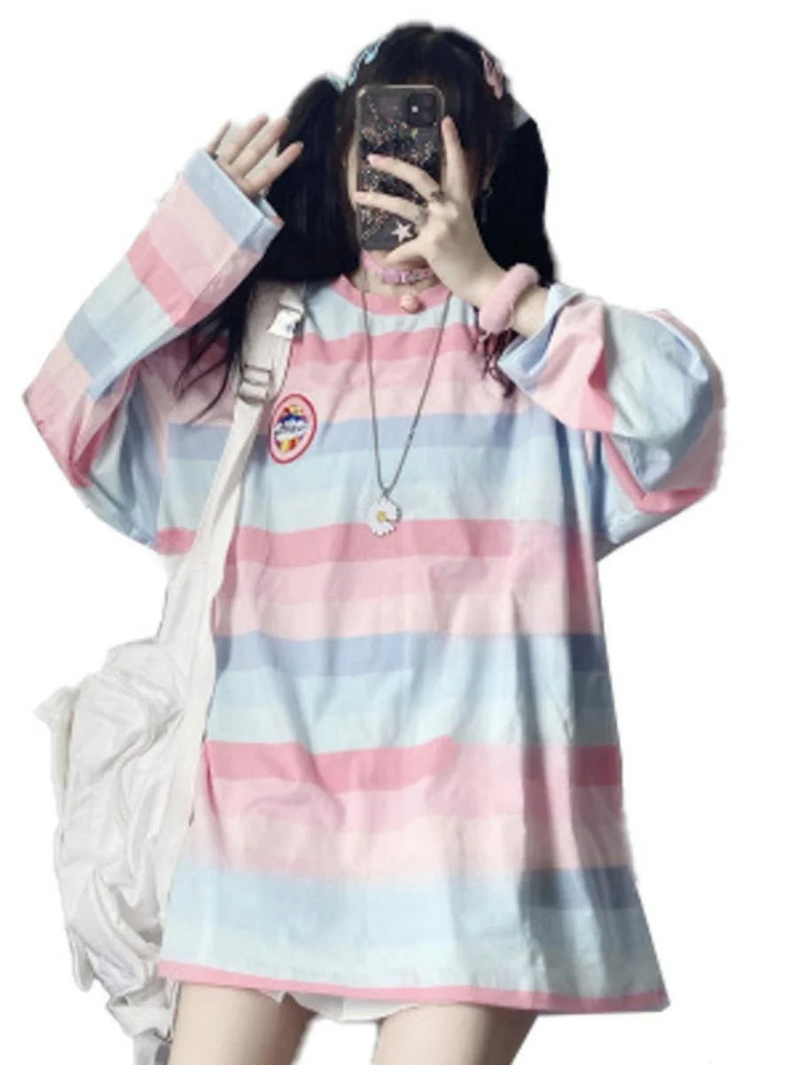 Loose Long Sleeve Striped T-Shirt Women's Base Shirt Student Style Korean Version Autumn New Arrival Female Top round Neck