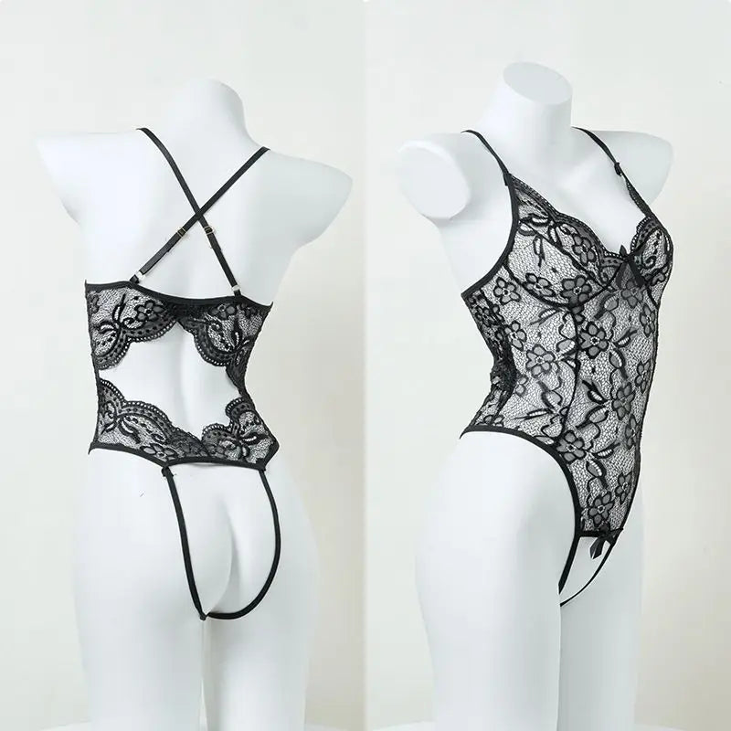 Red Lace Crotchless Bodysuit Lingerie | Erotic Deep V Teddy