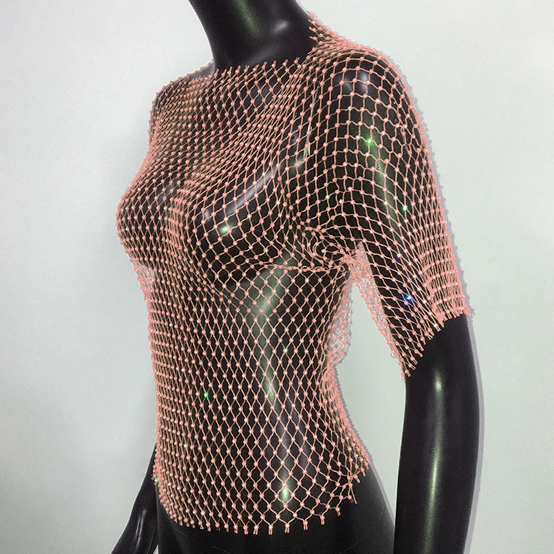 Sexy New Mesh Rhinestone Long Sleeve T Shirt Women Hollow See-through Fishnet Tops Summer Casual Shirt Party Club Women Clothing