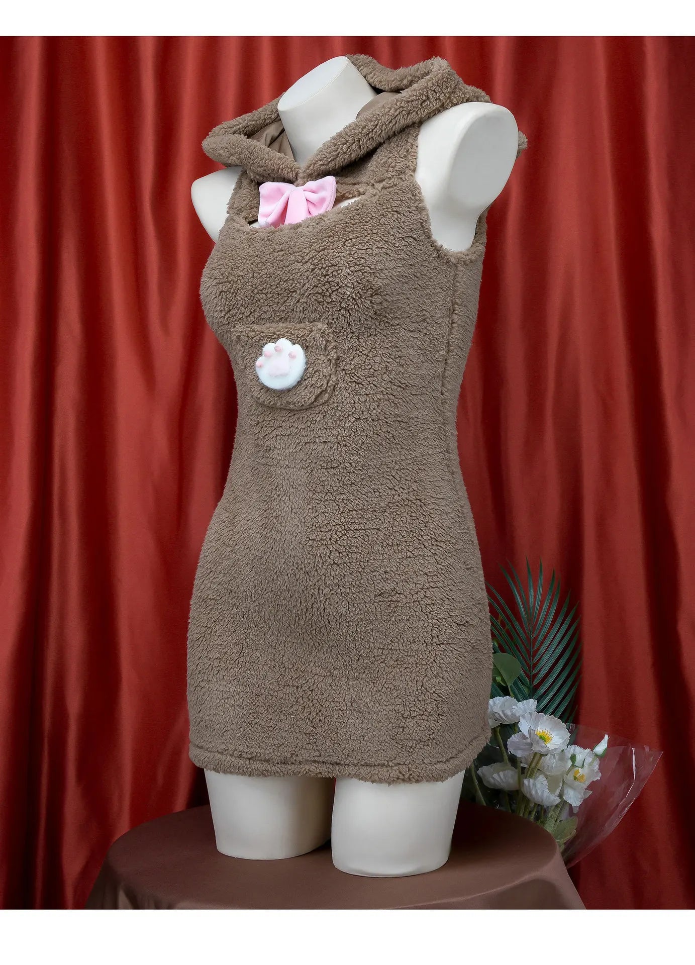 White Fluffy Bear Ear Sleep Dress | Cute Hooded Loungewear Set