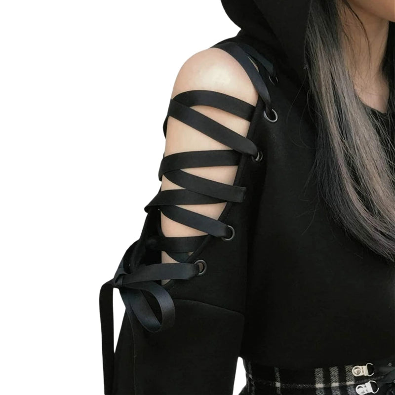 Y2k Gothic Womens Hoodie Cat Ear Crop Top Hooded Sweatshirt Hollow Out Lace Up Long Sleeve Hodded Casual Pullover Autumn