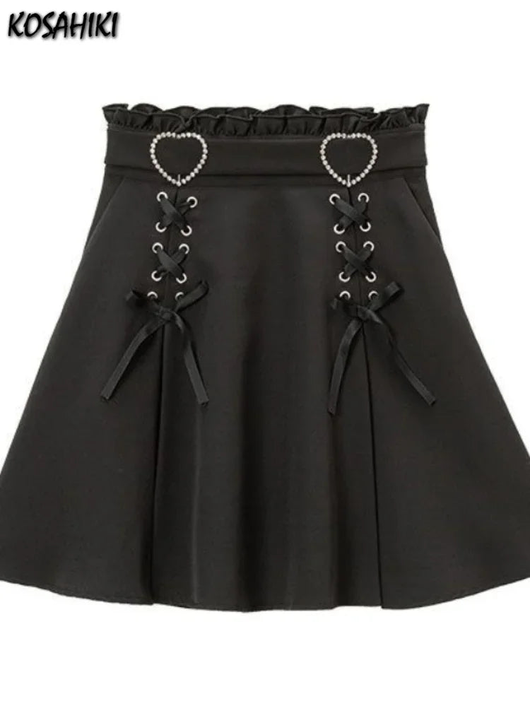 2026 Y2k Aesthetic Harajuku Style Skirt Sweet Girl High Waist Mini Bandage Lolita Skirts Womens Solid Streetwear Gothic Jk Saia