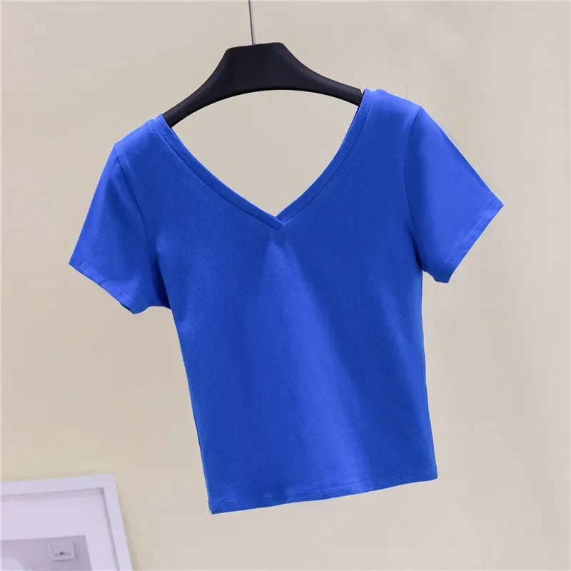 Summer Fashion Solid V Neck T Shirts Women Short Sleeve Sexy Crop Tops Ladies Casual Tees Top Tees Female Black Cotton T-Shirts