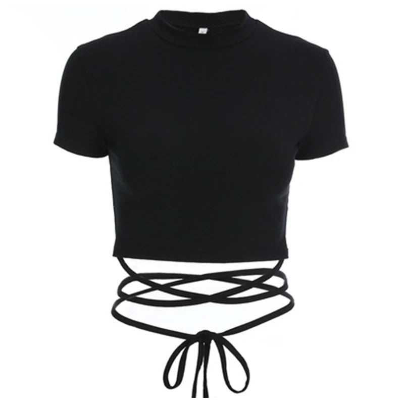 2024 Summer Women Black Short T-Shirts Sexy Crop Tops Short Sleeve Bandage Tee Tops Female Shirts