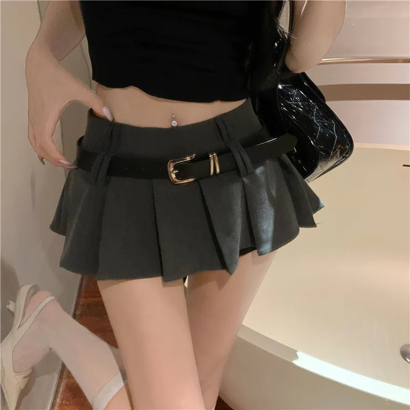 Women's Low Rise Pleated Mini Skirt Sexy A-Line Short Skirt with Belt and Built-In Shorts for Summer