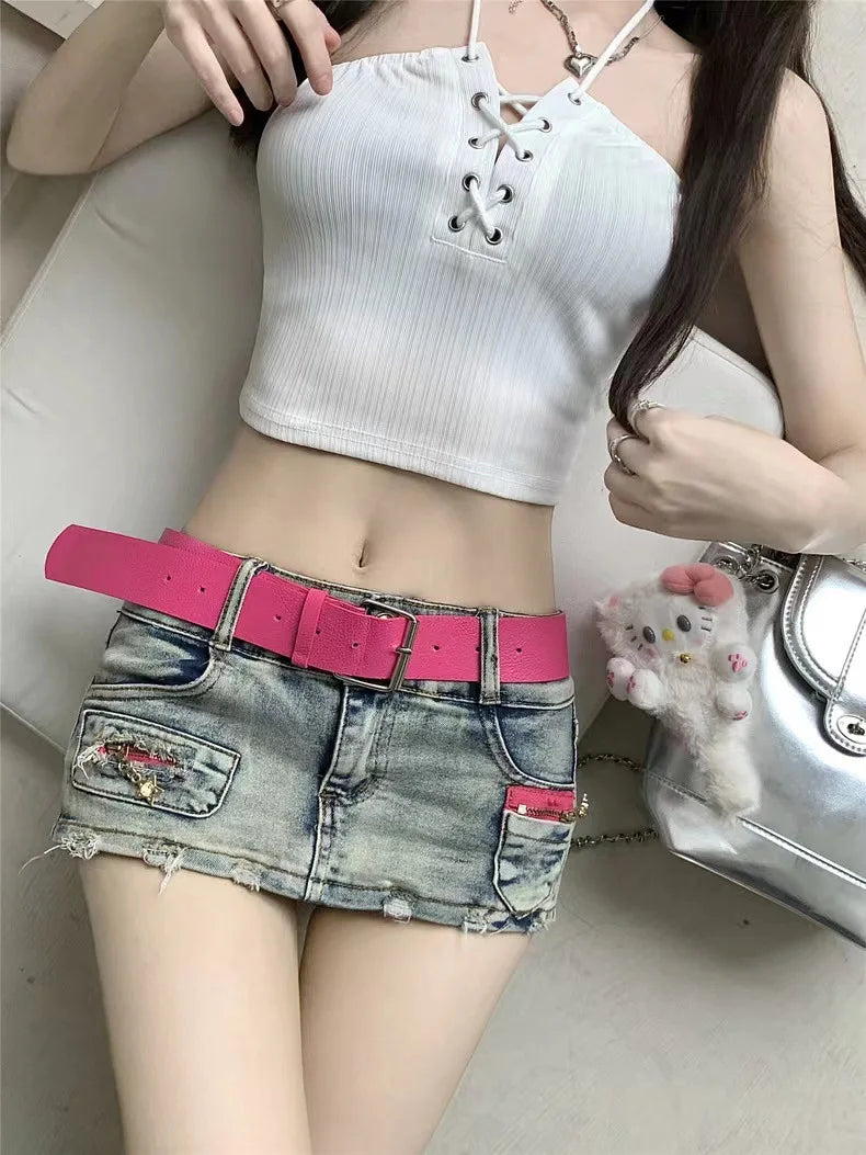 Sexy Y2K Denim Shorts Women Summer Blue Patchwork Low Waist Jeans Mini A-line Skirts Harajuku Vintage Punk