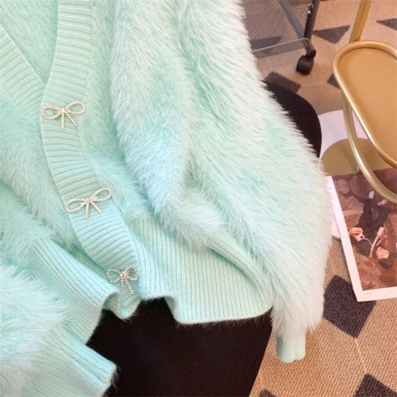 2026 Spring Autumn Women's Sweater Cardigan Jacket New Loose V-neck Imitation Mink Fur Sweater Jacket Female Knitted Tops Coat
