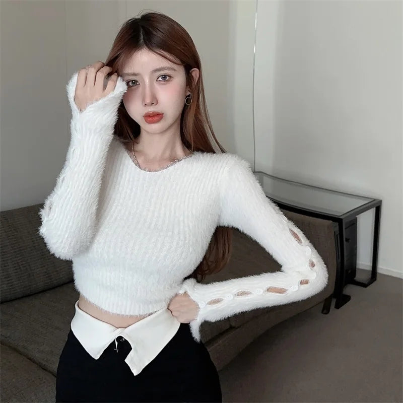 Sexy ort Knitted Sweater Women's Spring Autumn Soft Cozy Design Hole Knitwear Pure Desire Versatile Base Layer ort Top