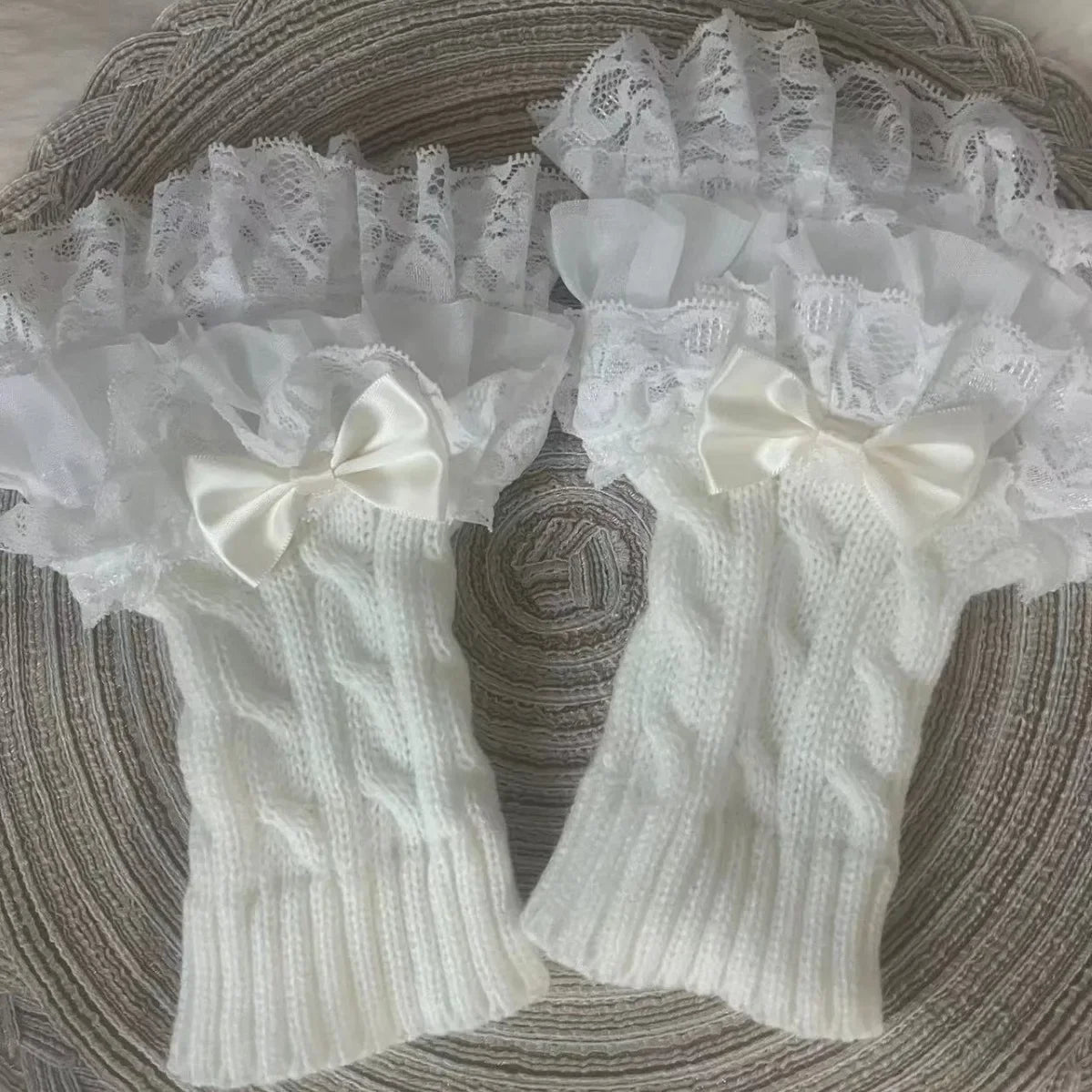Lolita Lace Fall Winter Warm Sleeves Knitted Cute Fairy Bow Teenage Hand Sleeves Mittens Women