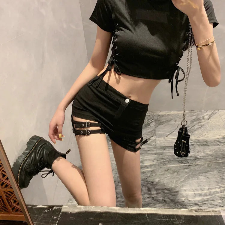 High-Waist Elastic Slimming A- Line Short Shorts Women's Belted Summer 2025 Fashion Trendy Polyester Hot Pants Casual Style