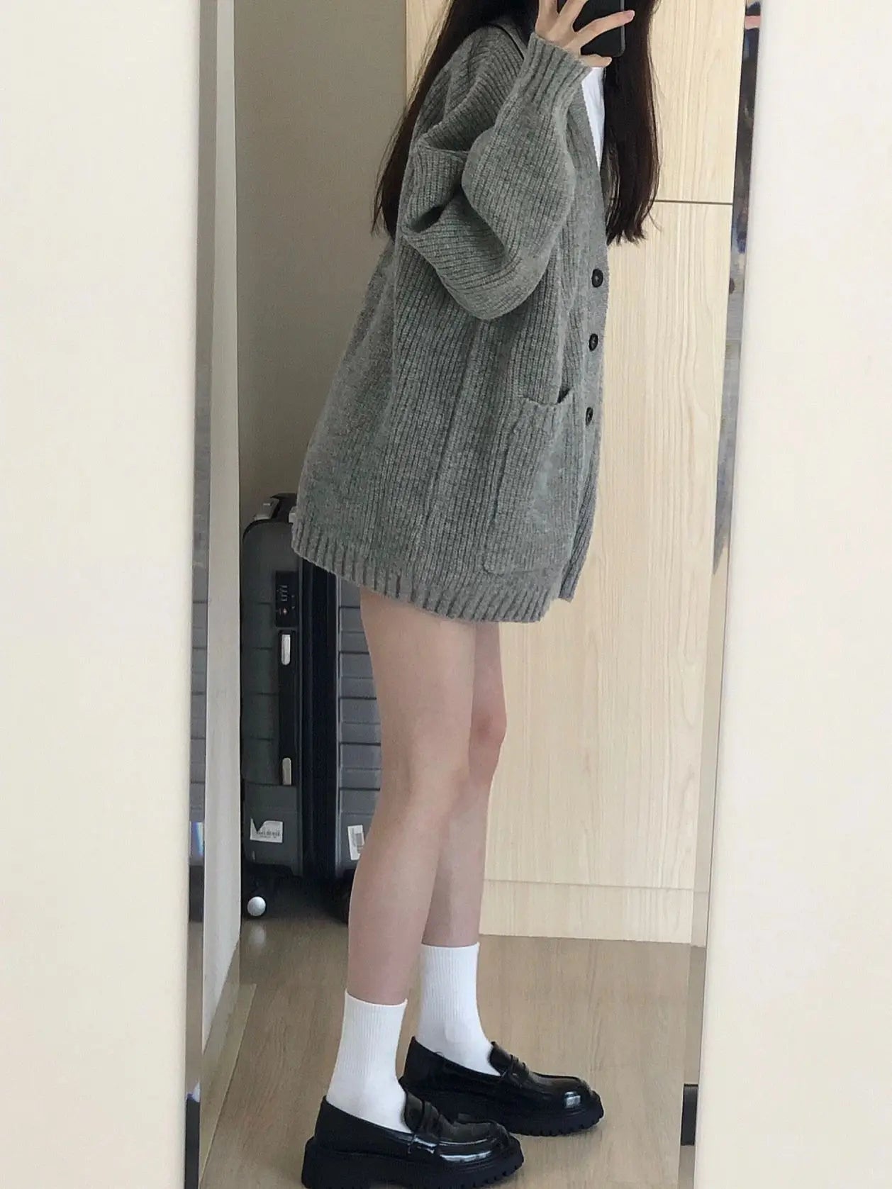 Gray Mid-Length Knitted Sweater Coat Women's Autumn Outerwear Japanese Lazy Vintage Milk System Soft Cozy Open Cardigan