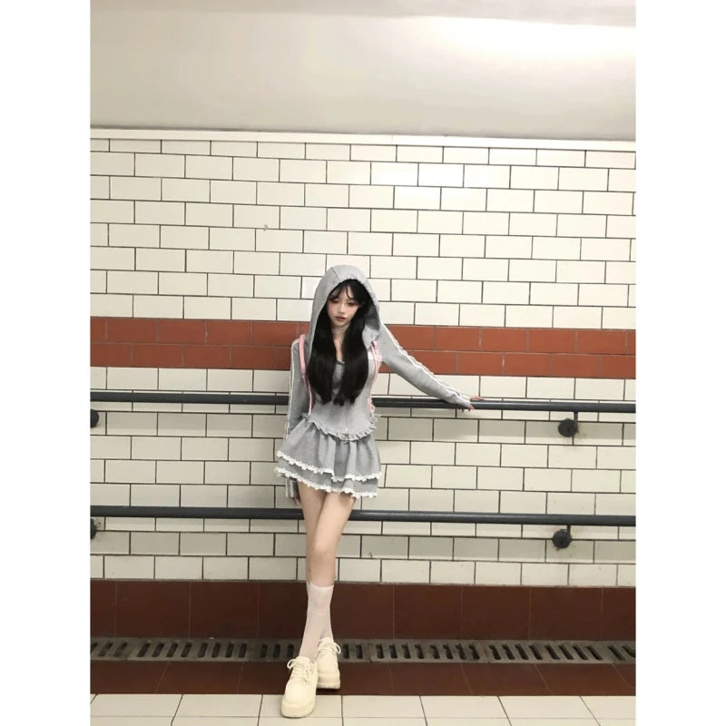 Sweet Lace Patchwork Hoodie And  Skirt Slimming Women's Two-Piece Set Fashionable Casual Wear for Autumn Season