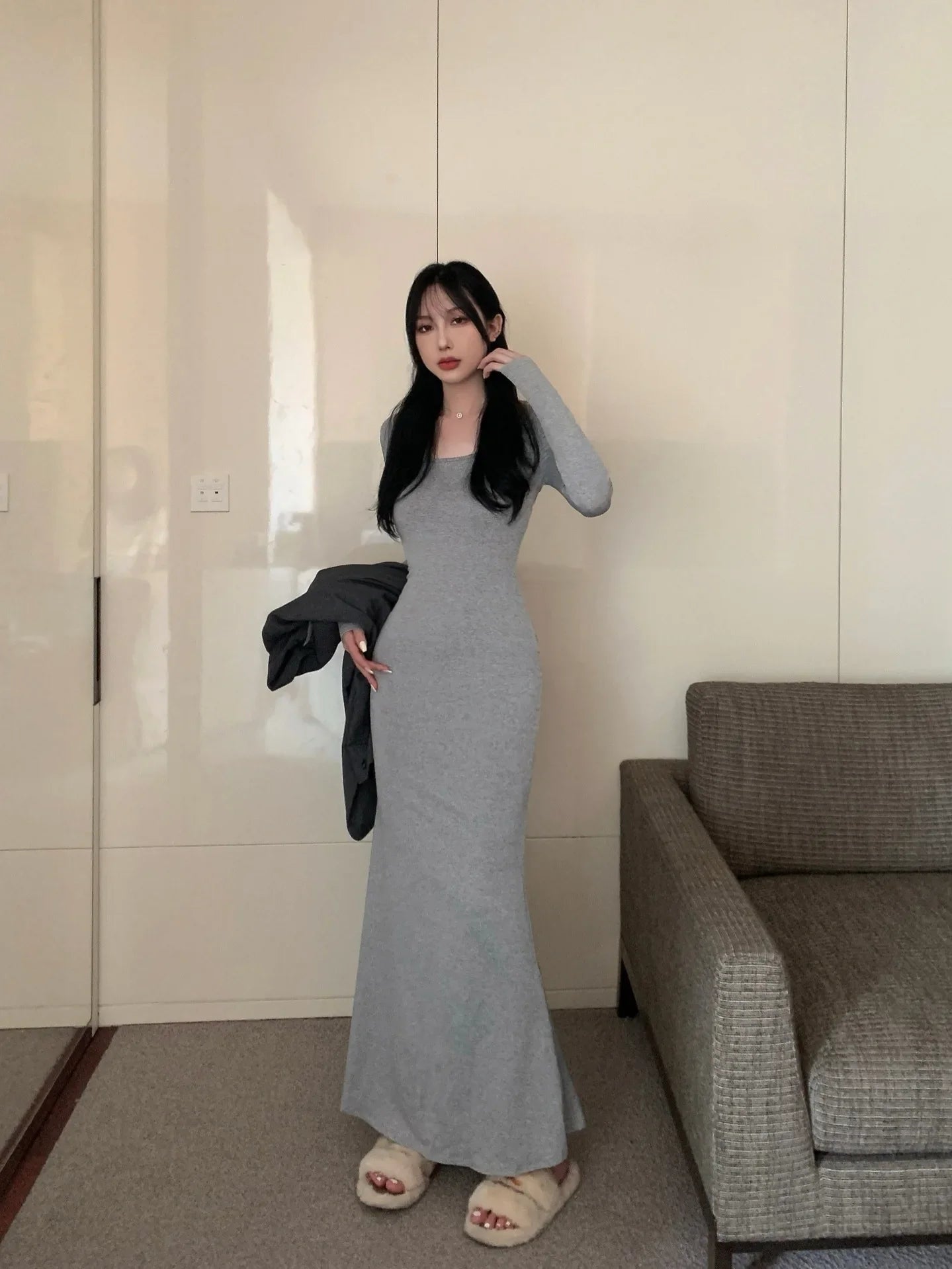Elegant High-Waisted Fishtail Long Dress - Slimming Autumn Chic