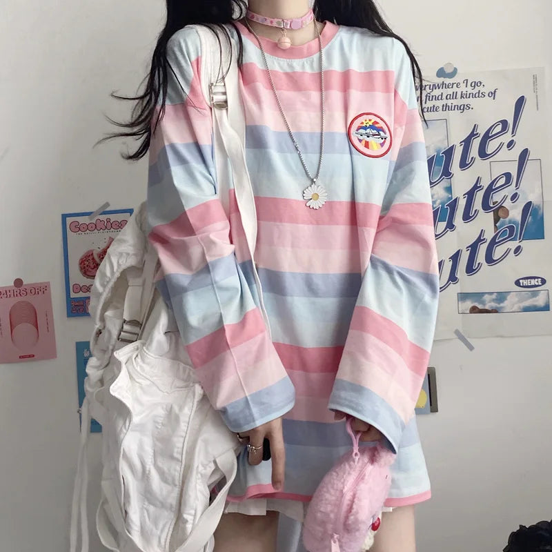 Loose Long Sleeve Striped T-Shirt Women's Base Shirt Student Style Korean Version Autumn New Arrival Female Top round Neck