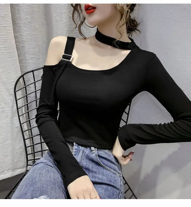 Chic Shoulder Bared Long Sleeve Base Shirt for Women Stylish Slim Fit Trendy Top Casual Loose Style Daily Wear Girl's Fashion