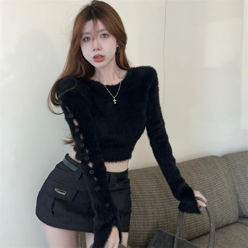 Sexy ort Knitted Sweater Women's Spring Autumn Soft Cozy Design Hole Knitwear Pure Desire Versatile Base Layer ort Top