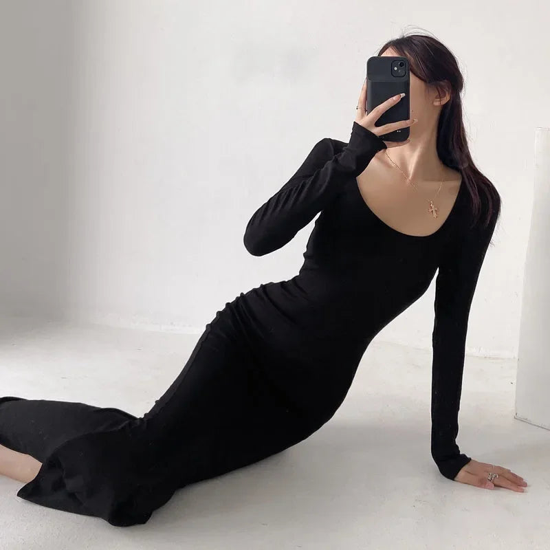 Elegant High-Waisted Fishtail Long Dress - Slimming Autumn Chic