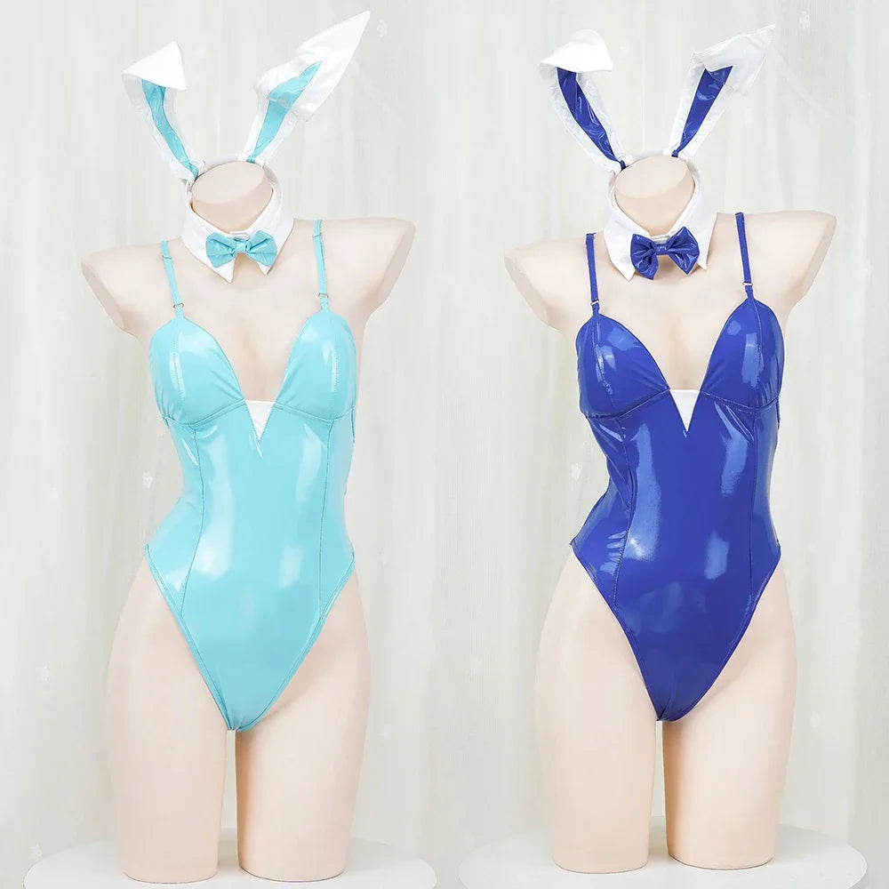 Asena Bunny Girl Cosplay: Sexy Blue Leather-Look Bodysuit