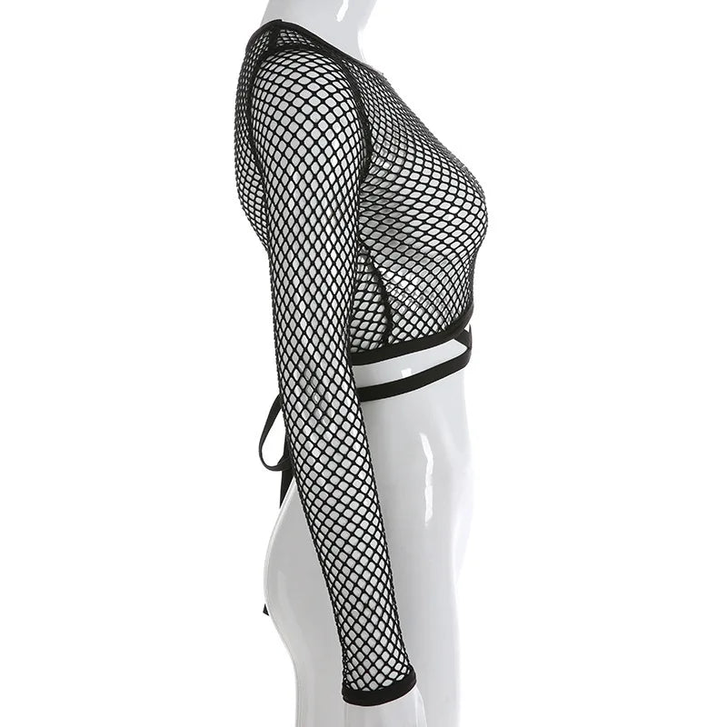 Women's Top with Mesh Mesh, Hollowed Out Straps, Exposed Navel, Round Neck, Long Sleeved Transparent Summer Sexy T-shirt