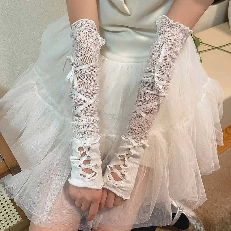 Women Thin Elastic Lace Mesh Bow Lolita Girl Cute Style Driving Glove Female Summer Sunscreen Anti-UV Wedding Dress Mitten