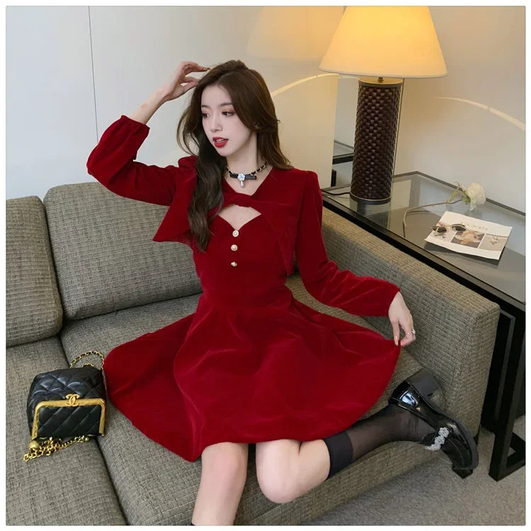 Red Christmas & New Year Princess Dress Set | Slimming 2-Piece