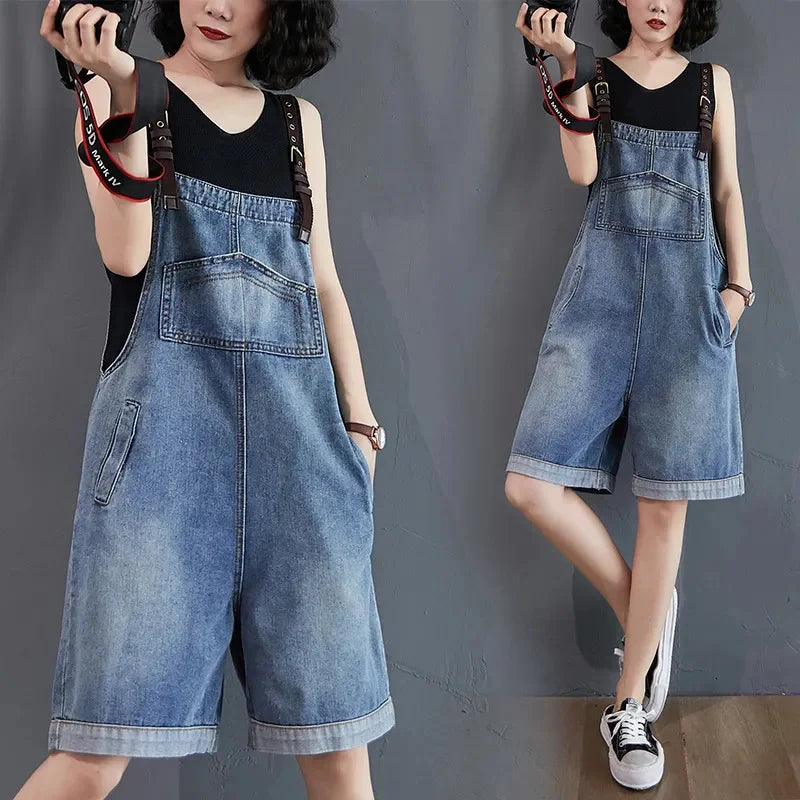 Cowboy Overalls Women's Jumpsuit Shorts 2025 Summer New Student Korean version Loose Denim Wide leg one-piece Suspender Shorts