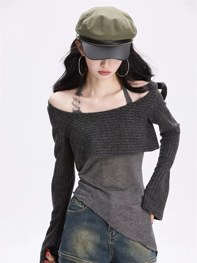Kimutomo T Shirts Women Contrast Irregular Elegant Slim Fashion Vintage Y2k Aesthetic Harajuku Knitted Tops Ladies Grunge