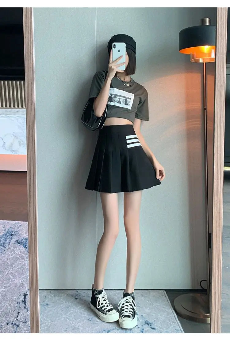 Preppy Style Women Kawaii Striped Pleated Skirts Korean Fashion Summer High Waisted With Lining Sweet Cutecore Mini A-line Skirt