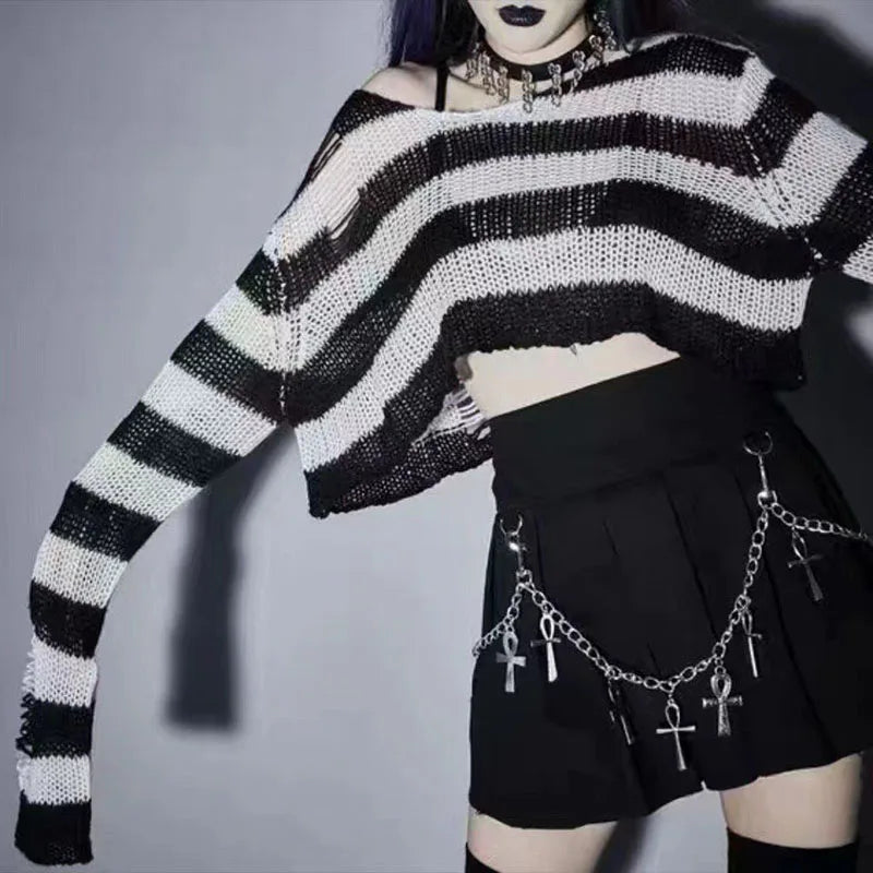 Distressed Oversized Striped Sweater Punk Grunge Knit Top